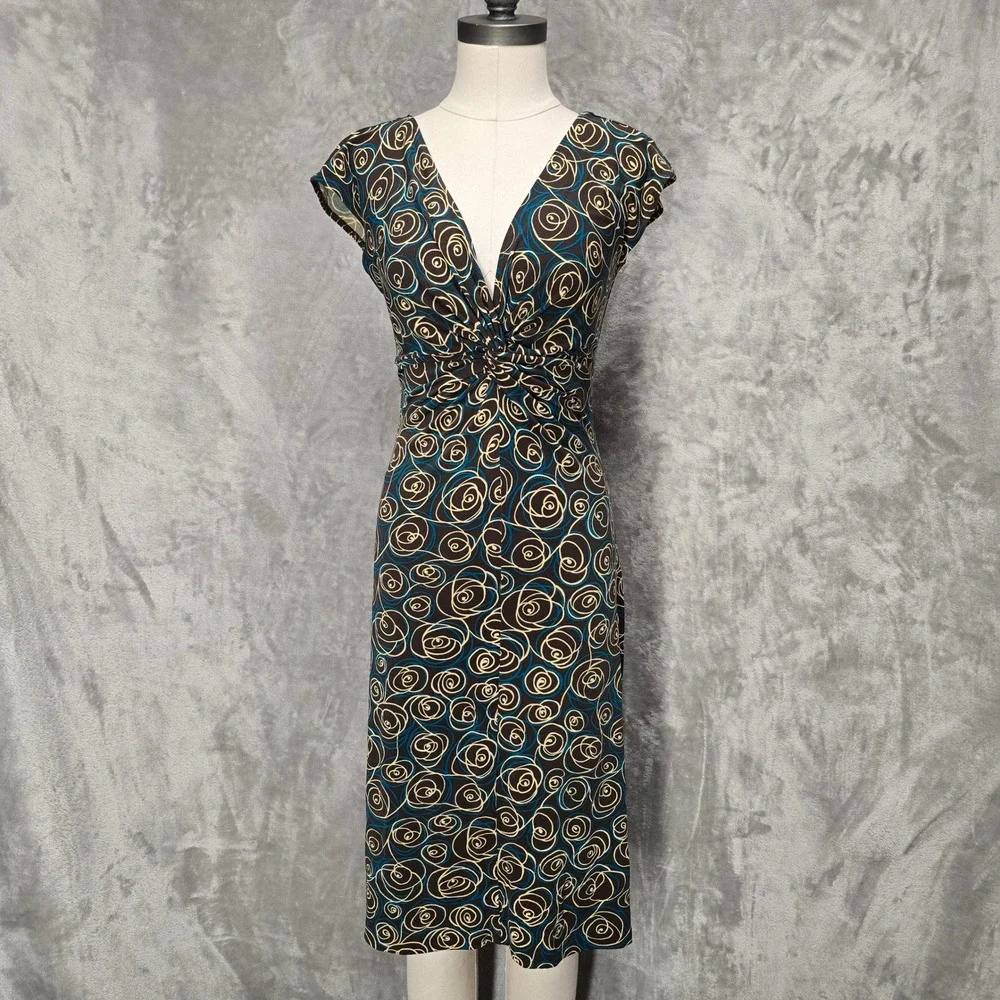 Vtg London Times Sheath Dress Women 6 Brown Abstract Swirl Ruched V-Neck Y2K Mod